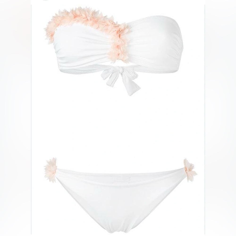 White Bandeau Bikini with Blush Feather Trim